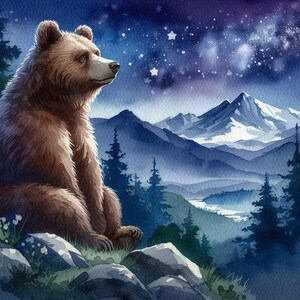 Bär Nachthimmel Kunstdruck, Berg Wildtier Wandkunst, Himmlische Natur Poster, Sternenklare Nacht Tier Illustration, Rustikales Cabin Decor