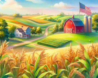 Amerikanische Bauernhauswandkunst, Midwest-Scheunenlandschaftsdruck, rustikale Landdekoration, Kornfeld Poster, ländliche digitale Malerei von Nebraska