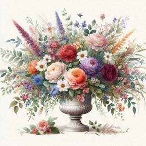Arte mural con jarrón floral, impresión de ramo de flores en acuarela, elegante póster botánico, decoración romántica de jardín primaveral, ilustración de flores en tonos pastel