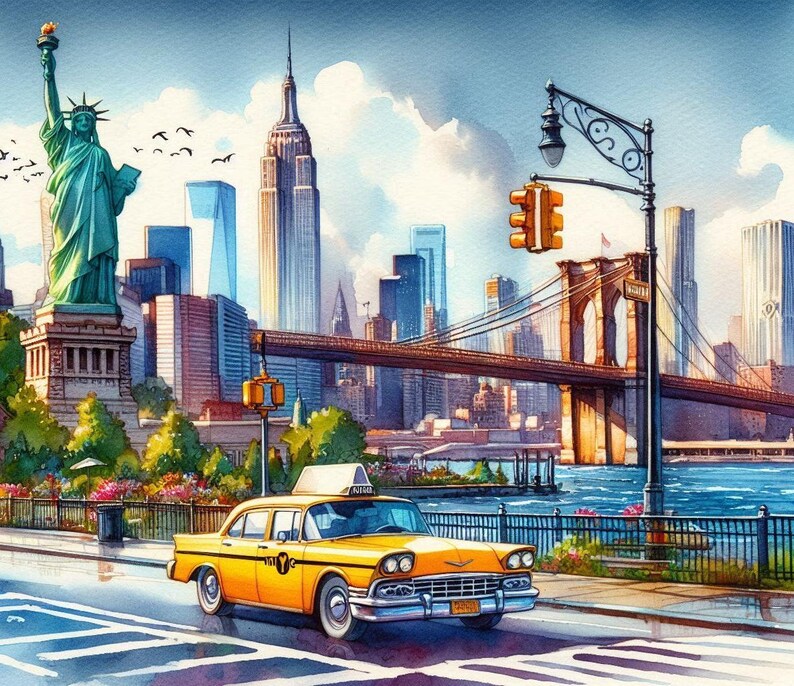 New York City Wall Art, NYC Skyline Print, Yellow Taxi Poster, Statue ...