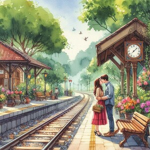 May include: Watercolor painting of a couple kissing at a train station. The scene features a clock tower, benches, and flower pots. The railway tracks curve into the distance, surrounded by lush greenery and trees. The overall color palette is soft and romantic.