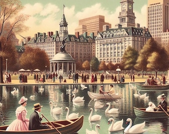 Boston Public Garden Print, Swan Boat Pond Poster, Victorian Cityscape Wall Art, Massachusetts Historic Decor, Digital Download