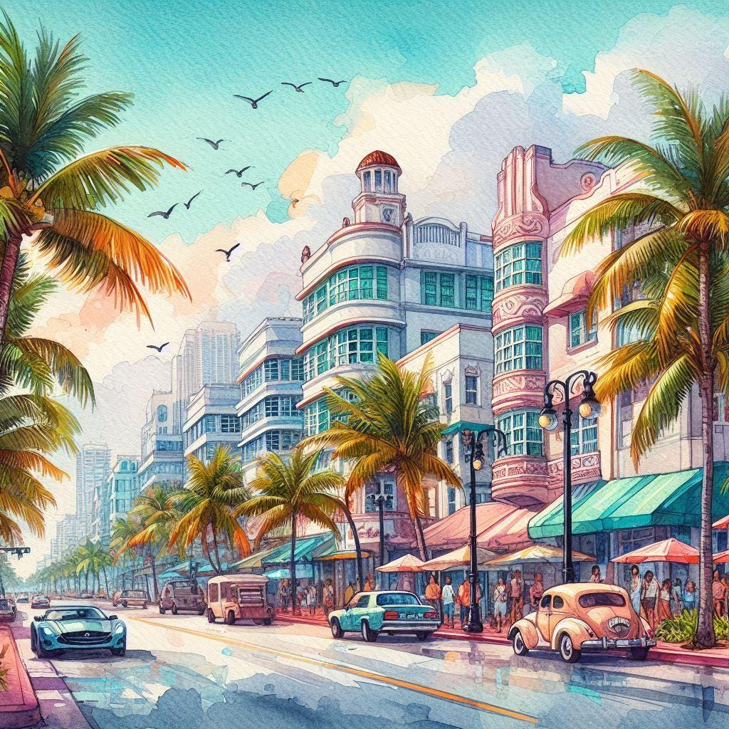 Impression d'art Miami Ocean Drive, affiche rétro de paysage urbain de plage, décoration murale architecture art déco, téléchargement numérique