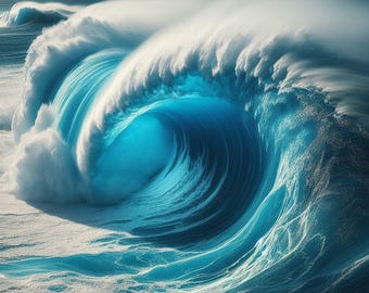 Ocean Wave Print, Blue Surf Wall Art, Coastal Seascape Poster, Powerful Ocean Photography, Beach House Nautical Decor