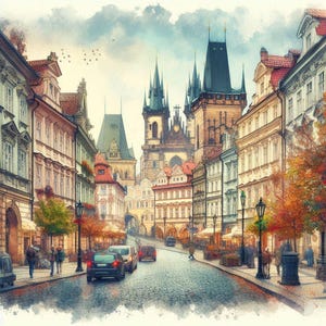 Impresión de la ciudad de Praga, escena callejera europea, arte mural de arquitectura gótica, póster del casco antiguo europeo, ilustración de viaje, decoración urbana otoñal.