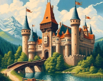 Pixel Art Castle Print, Medieval Fortress in the Alps Poster, Fantasy Pixel Landscape Wall Art, Digital Download for Retro Decor