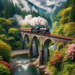 May include: A black steam train with a red front is crossing a stone bridge over a river. The bridge has multiple arches and is surrounded by green trees and foliage. White smoke billows from the train's smokestack, creating a scenic landscape.