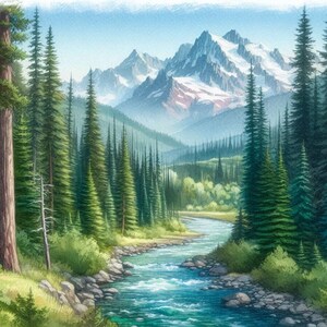Op de afbeelding: Waterverfschilderij van een berglandschap met een rivier die door een bos van hoge naaldbomen stroomt. Sneeuwbedekte bergen zijn zichtbaar op de achtergrond onder een blauwe lucht. Het kunstwerk heeft een sereen en natuurlijk thema.