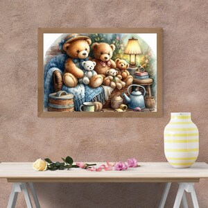 May include: Watercolor painting of a cozy scene featuring several teddy bears. Two large brown bears sit on a wicker chair with a blue blanket, surrounded by smaller bears. A lamp, teapot, and books add to the warm, inviting atmosphere.