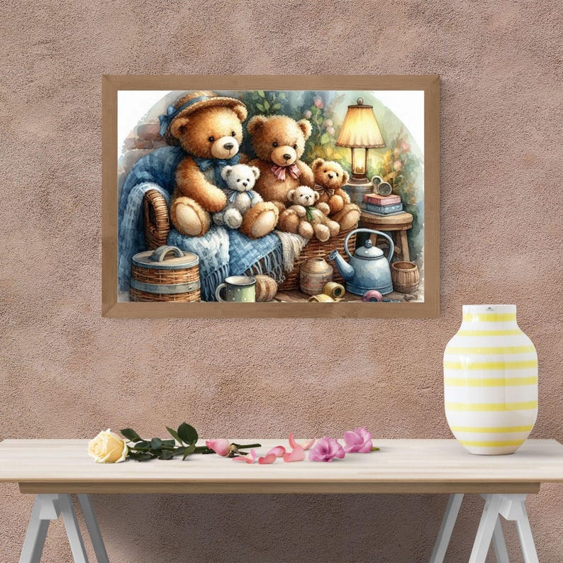 May include: Watercolor painting of a cozy scene featuring several teddy bears. Two large brown bears sit on a wicker chair with a blue blanket, surrounded by smaller bears. A lamp, teapot, and books add to the warm, inviting atmosphere.
