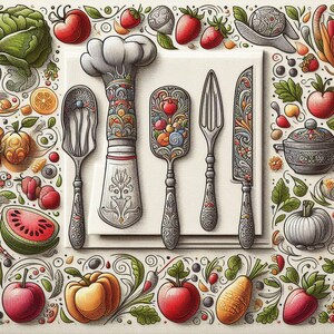 Colorful Kitchen Wall Art, Vintage Utensils Print, Chef Decor with Fruits & Vegetables, Whimsical Culinary Illustration