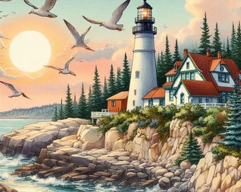Lighthouse Wall Art, Coastal Sunset Print, Ocean Cliff Landscape Poster, Nautical Seaside Decor, Maine Nature Digital Download