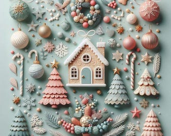 Christmas Wall Art, Pastel Holiday Ornaments Print, Gingerbread House, Square Nursery Decor, Cozy Living Room Poster