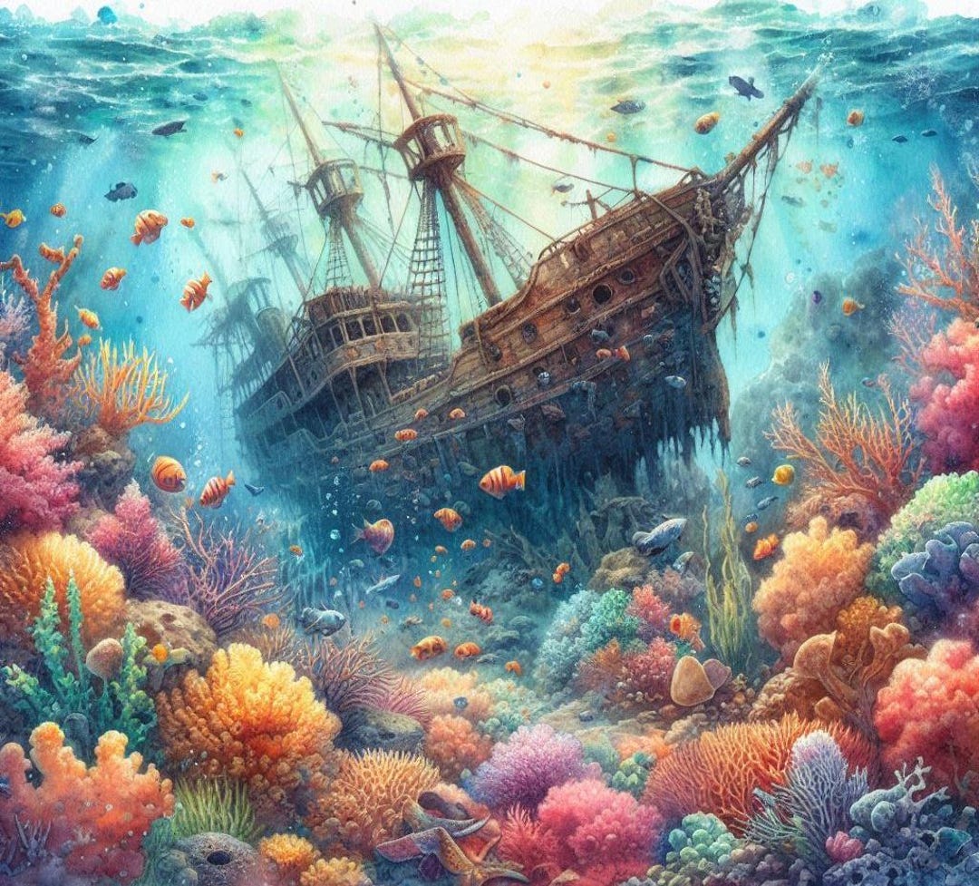 Shipwreck Wall Art Underwater Treasure Painting Nautical Ocean Scene shipwreck-wall-art-underwater-treasure-painting-nautical-ocean-scene