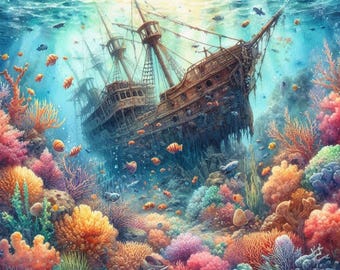 Shipwreck Wall Art, Underwater Treasure Painting, Nautical Ocean Scene, Coral Reef Print, Lost Pirate Ship Decor, Deep Sea Adventure Artwork