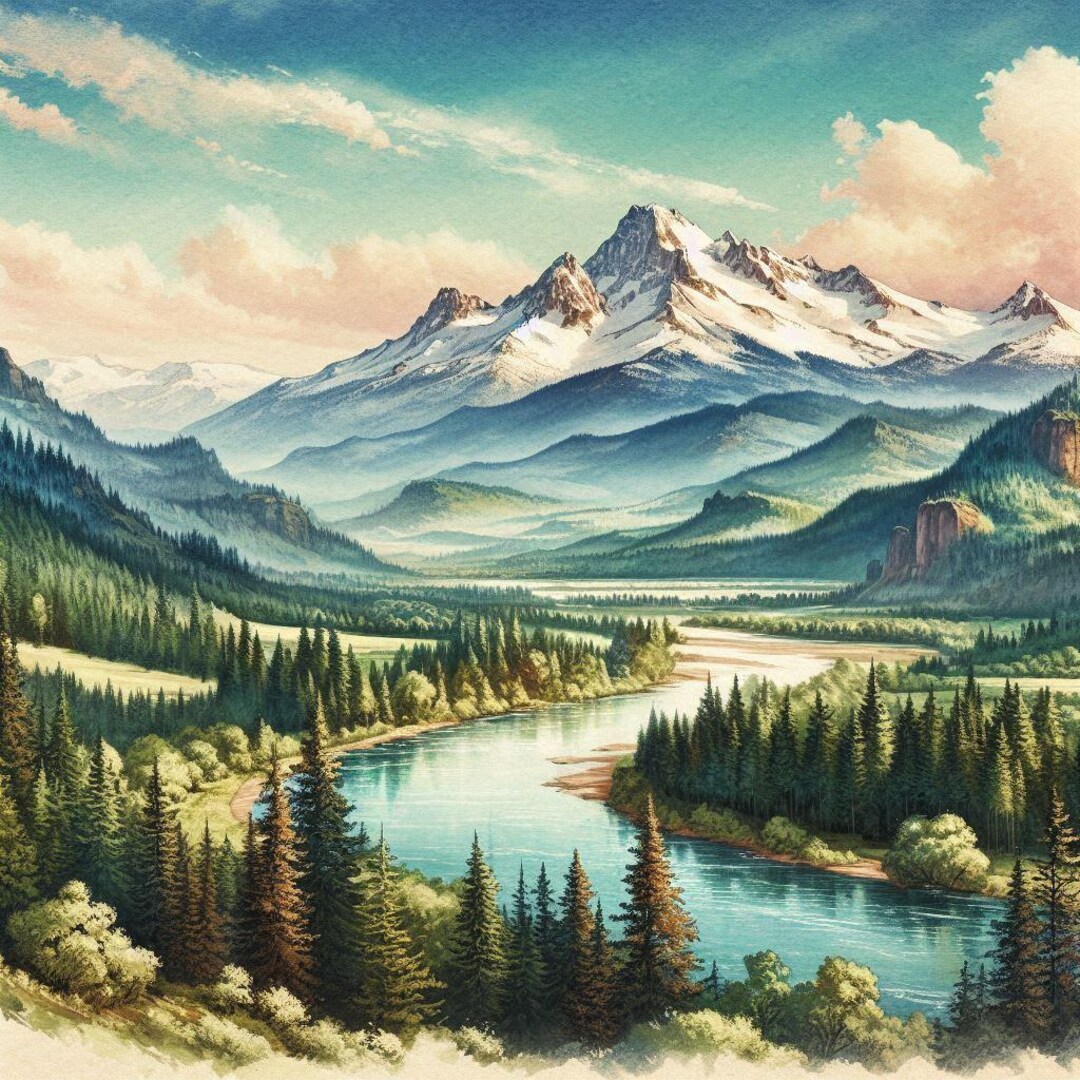 Oregon Mountain Landscape Print, Pacific Northwest River Wall Art