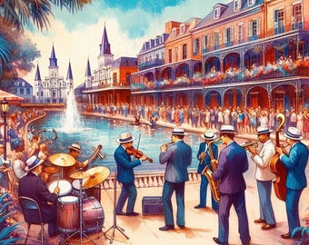 Impressão de fonte de jazz de Nova Orleans, arte de banda de rua da Louisiana, pôster musical do French Quarter, decoração de paisagem urbana vintage, download digital