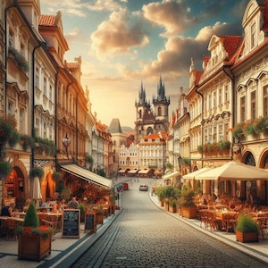 Stampa di scene di strada di Praga, Arte della Città Vecchia in Europa, Arte murale di architettura ceca, Poster di viaggio di caffè, Download digitale, Decorazione da viaggio vintage