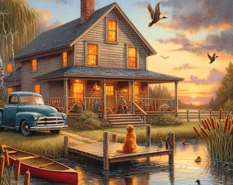 Rustic Lake House Wall Art, Dog on Dock Print, Country Sunset