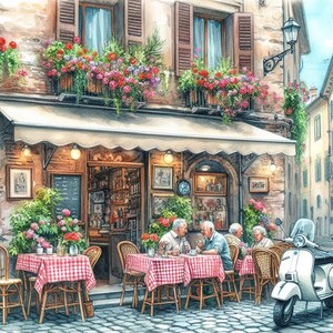 May include: A watercolour painting of a European cafe scene. Tables with red and white checked cloths are set outside. People are seated at the tables. A white scooter is parked on the cobbled street. The building has flower boxes and a striped awning.