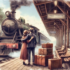Puede incluir: Pintura a la acuarela de una escena de estación de tren vintage. Una pareja se abraza, observando un tren de vapor. Maletas marrones apiladas en el andén. La escena está representada en tonos apagados, evocando nostalgia y viajes.