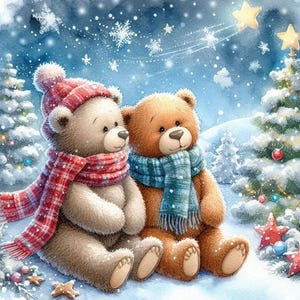 May include: Watercolor illustration of two teddy bears in a snowy winter scene. One bear wears a red and white plaid scarf and hat, the other a blue and green plaid scarf. Christmas trees and falling snowflakes complete the festive image.