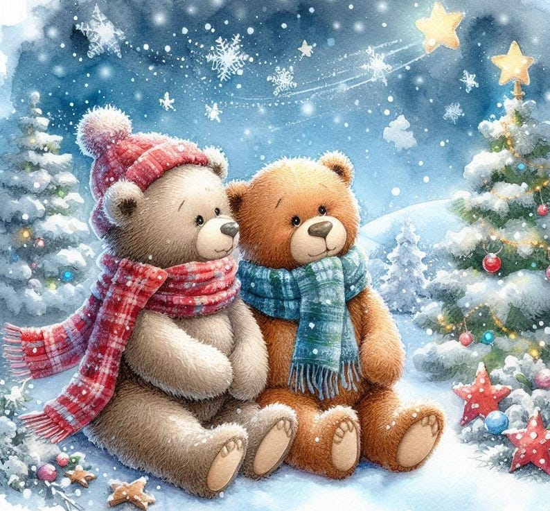 Peut inclure: Illustration à l'aquarelle de deux ours en peluche dans une scène hivernale enneigée. L'un porte une écharpe et un bonnet à carreaux rouges et blancs, l'autre une écharpe à carreaux bleus et verts. Des sapins et des flocons de neige complètent l'image.