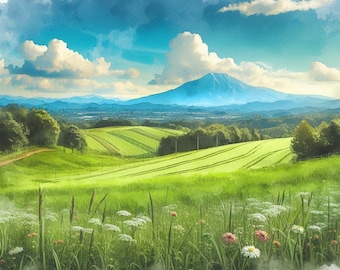 Green Field landschap print, schilderachtige natuur kunst aan de muur, glooiende heuvels aquarel schilderij, rustige platteland poster, serene woondecoratie