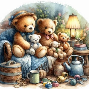 May include: Watercolor illustration of teddy bears in a cozy setting. Several brown teddy bears are seated in a wicker basket with a blue blanket. A small white teddy bear sits in the middle. A lamp and teapot are also present.