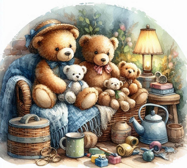 May include: Watercolor illustration of teddy bears in a cozy setting. Several brown teddy bears are seated in a wicker basket with a blue blanket. A small white teddy bear sits in the middle. A lamp and teapot are also present.