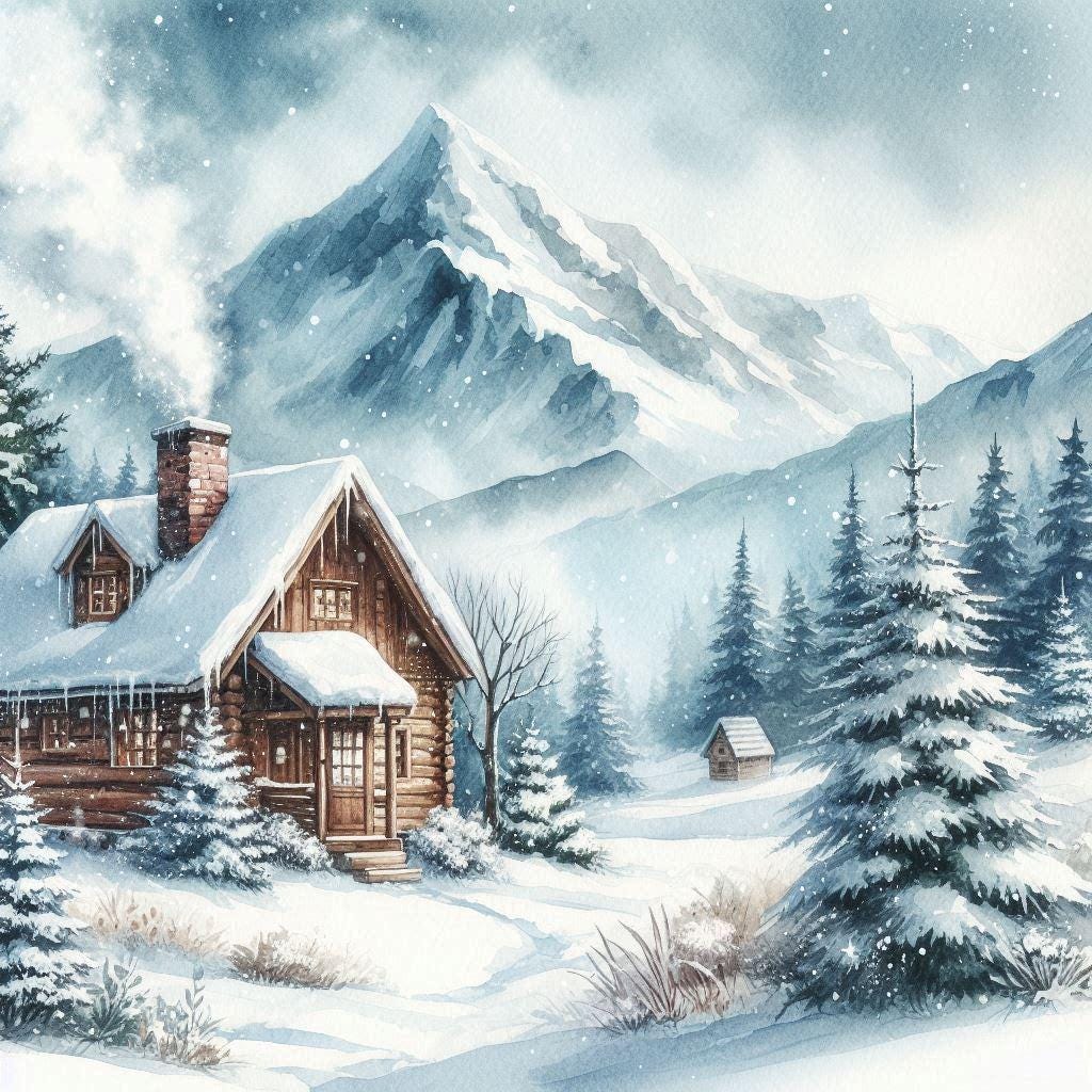 Winter Cabin Wall Art, Snowy Mountain Landscape Print, Rustic Lodge ...