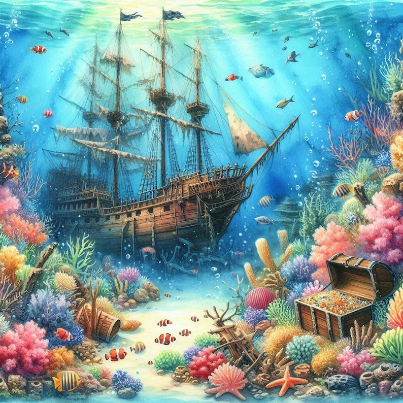 Underwater Pirate Ship Print, Sunken Treasure Wall Art, Colorful Coral ...