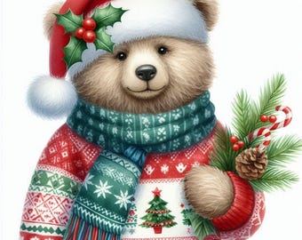 Christmas Wall Art, Watercolor Bear, Cute Nursery Print, Santa Hat & Sweater, Holiday Kids Room Decor, Instant Download Digital Print