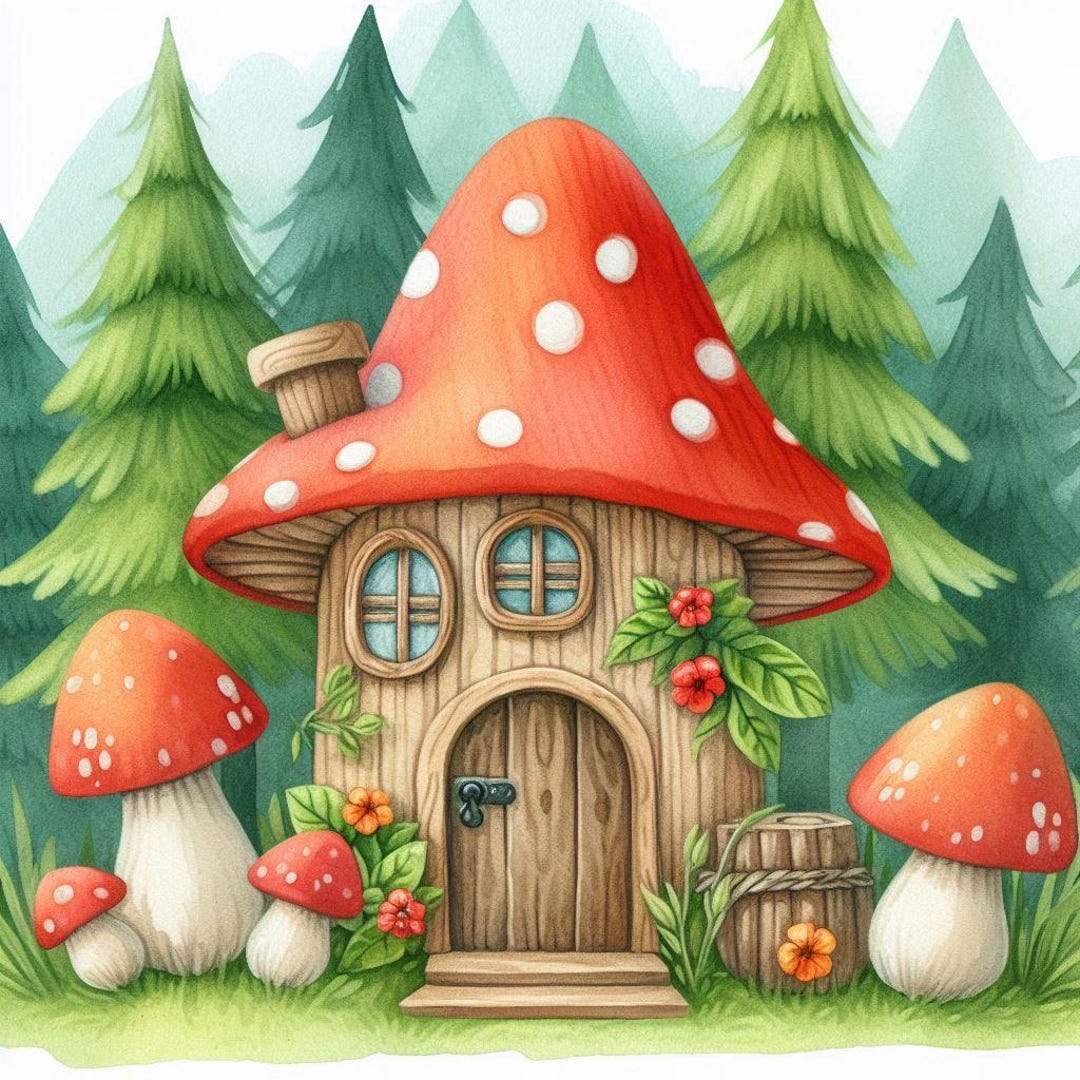 Mushroom House Wall Art, Whimsical Forest Cottage Print, Fairy Tale ...