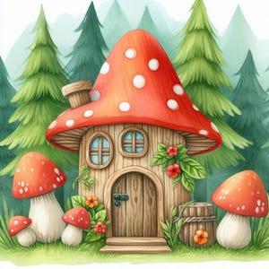 May include: Watercolor illustration of a whimsical mushroom house with a red cap and white spots. The wooden house has a door, windows, and is surrounded by mushrooms, flowers, and trees. The artwork has a fairytale theme.
