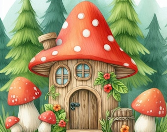 Arte mural de casa de hongos, impresión de cabaña en el bosque, póster de bosque de cuento de hadas, ilustración de un hongo rojo