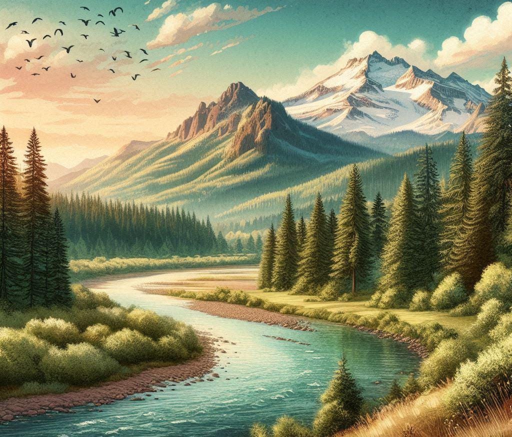 Mountain River Print, Forest Landscape Wall Art, Pine Tree Poster