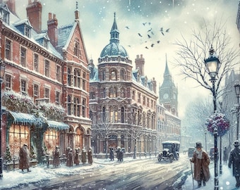Scena di strada invernale vittoriana, stampa di Londra innevata, paesaggio urbano natalizio, decorazione natalizia vintage, download digitale