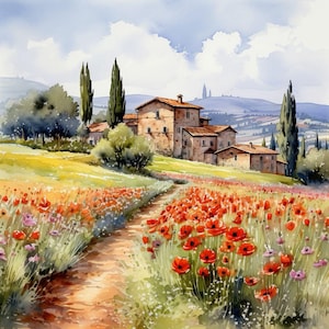 Könnte beinhalten: Ein Aquarellgemälde, das eine ländliche Szene mit einem Steinhaus, grünen Bäumen und einem Feld mit roten Mohnblumen zeigt. Das Haus ist von einem üppigen grünen Rasen umgeben und ein gewundener Weg führt zum Blumenfeld.