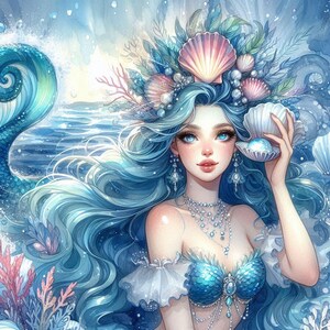 May include: A watercolor illustration of a mermaid with long, flowing blue hair and bright blue eyes. She wears a seashell crown and a blue seashell top. She holds a seashell with a pearl inside. The background features ocean waves and coral.