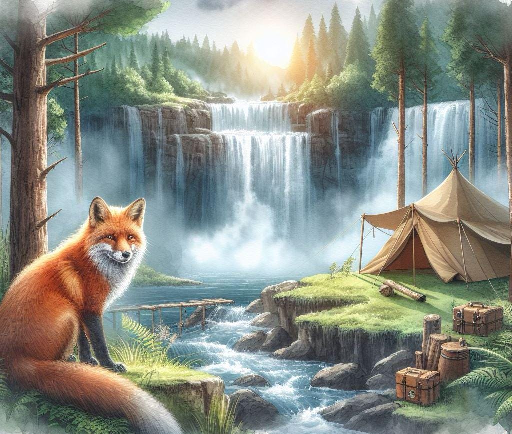 Fox and Waterfall Camping Art, Rustic Woodland Print, Nature