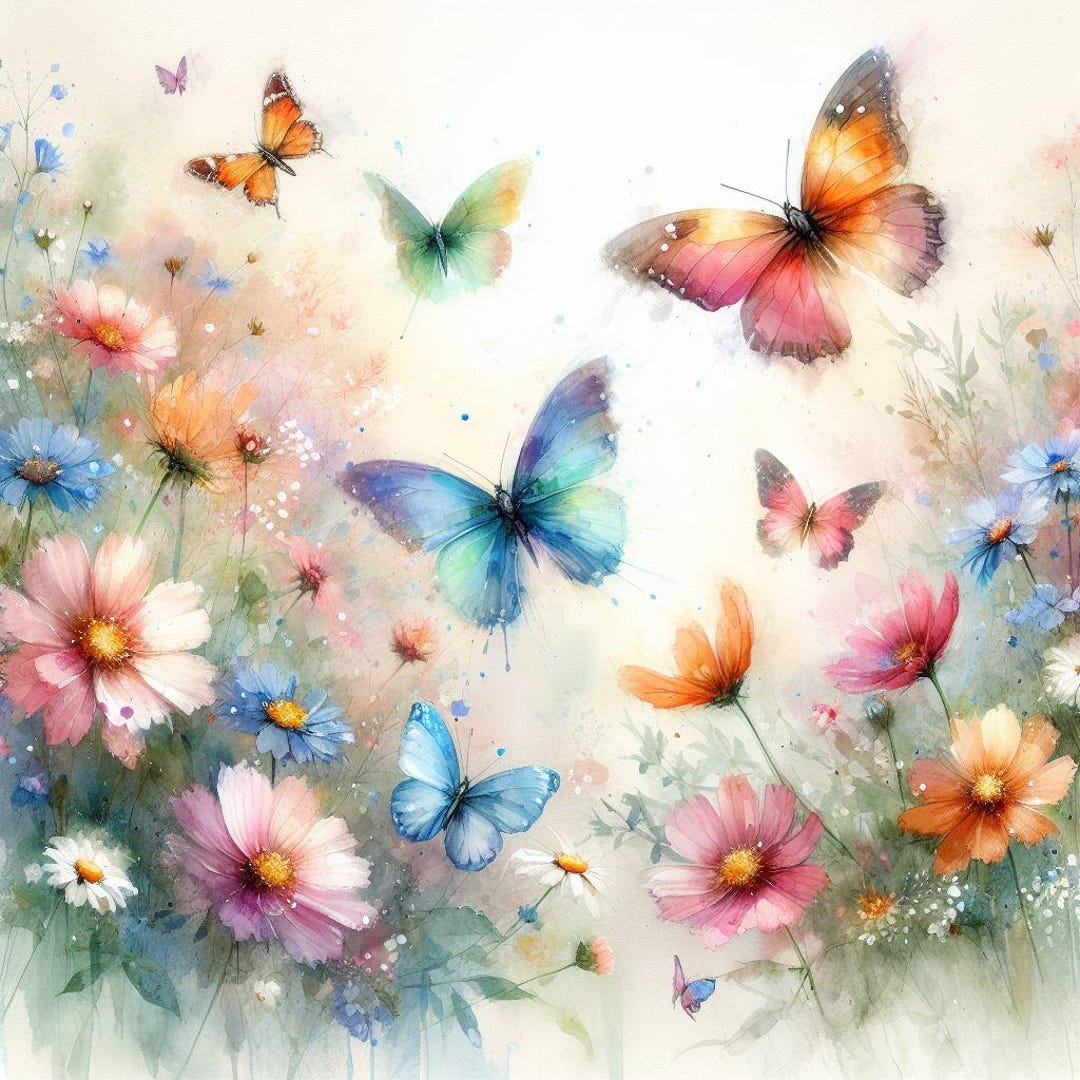 Butterfly Watercolor Art Print, Floral Garden Wall Decor, Vibrant ...