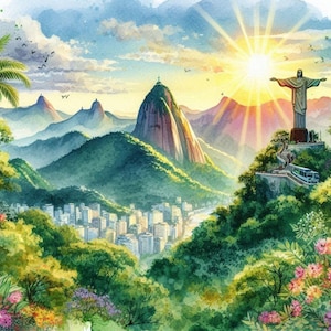 Art mural de Rio de Janeiro, affiche de voyage au Brésil, impression du Christ Rédempteur, paysage tropical, téléchargement numérique, déco Amérique du Sud