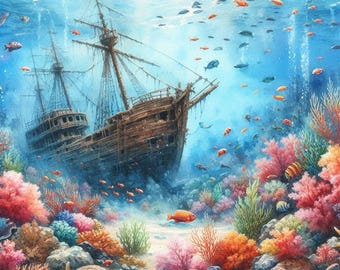 Shipwreck Print, Underwater Treasure Wall Art, Sunken Pirate Ship Digital Artwork, Ocean Coral Reef Illustration, Nautical Decor