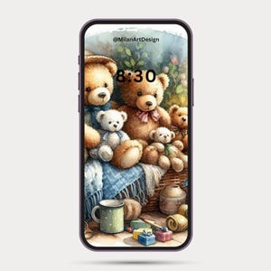 May include: A watercolor illustration of teddy bears in a basket, with a mug and small gifts in the foreground. The time 8:30 is displayed on the screen. The image has a soft, pastel color palette.