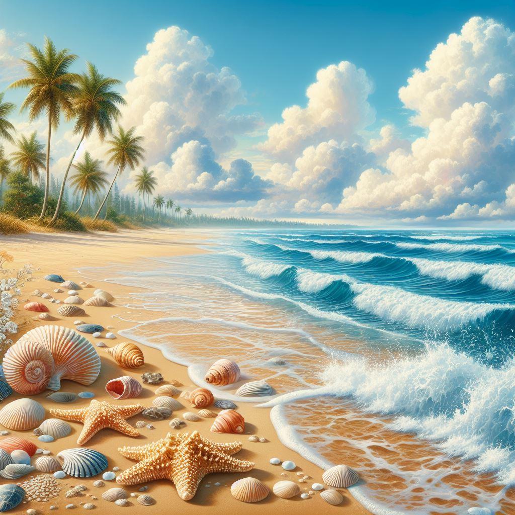 Tropical Beach Wall Art Seashells And Ocean Waves Print Coastal tropical-beach-wall-art-seashells-and-ocean-waves-print-coastal