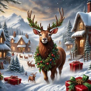 Impressão de rena de Natal, arte de parede natalina, pôster do país das maravilhas do inverno, cena de vila na neve, decoração festiva de veado, download digital de Natal