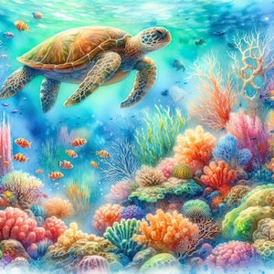 Puede incluir: Una tortuga marina verde nada sobre un vibrante arrecife de coral con peces coloridos. El arrecife de coral es una mezcla de naranja, rosa, morado y verde.