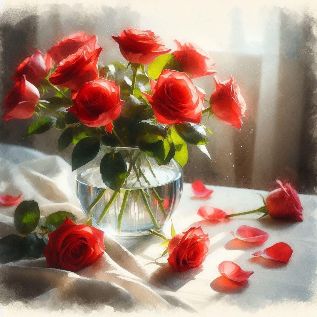 Red Roses Wall Art, Romantic Floral Print, Still Life Flower Poster ...