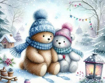 Nursery Wall Art Print, Winter Teddy Bears, Christmas Kids Room Decor, Snowy Woodland Illustration